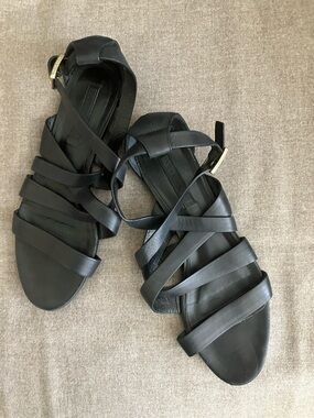 Hugo Boss Black Multi-Strap Leather Sandals with Gold Buckle